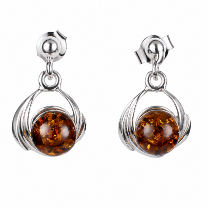 Katie Baltic Honey Amber Earrings in Sterling Silver featuring genuine honey Baltic amber gemstones set in polished 925 sterling silver, isolated on a white background.