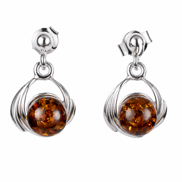 Katie Baltic Honey Amber Earrings in Sterling Silver featuring genuine honey Baltic amber gemstones set in polished 925 sterling silver, isolated on a white background.