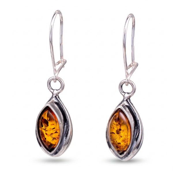 Penelope Baltic Honey Amber Earrings in Sterling Silver featuring genuine honey Baltic amber gemstones set in polished 925 sterling silver, isolated on a white background.