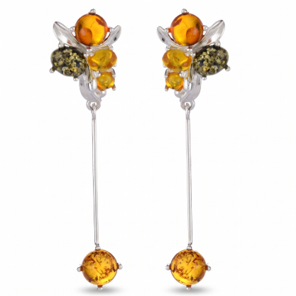 Victoria Multicolor Baltic Amber Earrings in Sterling Silver featuring genuine multicolor Baltic amber gemstones in honey, cognac, lemon, and green tones, set in polished 925 sterling silver, isolated on a white background.