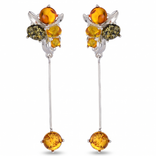 Victoria Multicolor Baltic Amber Earrings in Sterling Silver featuring genuine multicolor Baltic amber gemstones in honey, cognac, lemon, and green tones, set in polished 925 sterling silver, isolated on a white background.