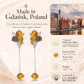 Victoria Multicolor Baltic Amber Earrings in Sterling Silver infographic highlighting authentic multicolor Baltic amber, 925 sterling silver, handcrafted craftsmanship, earring dimensions, and Made in Gdańsk, Poland heritage.