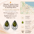 Phoebe Baltic Green Amber Earrings in Sterling Silver infographic highlighting authentic green Baltic amber, 925 sterling silver, handcrafted craftsmanship, earring dimensions, and Made in Gdańsk, Poland heritage.