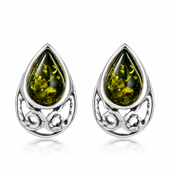 Phoebe Baltic Green Amber Earrings in Sterling Silver featuring genuine green Baltic amber gemstones set in polished 925 sterling silver, isolated on a white background.