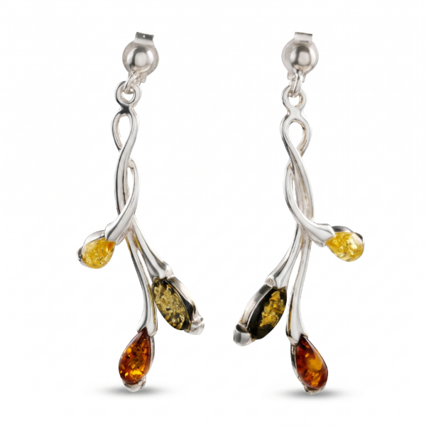 Daisy Multicolor Baltic Amber Earrings in Sterling Silver featuring genuine multicolor Baltic amber gemstones in honey, cognac, lemon, and green tones, set in polished 925 sterling silver, isolated on a white background.