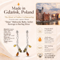 Daisy Multicolor Baltic Amber Earrings in Sterling Silver infographic highlighting authentic multicolor Baltic amber, 925 sterling silver, handcrafted craftsmanship, earring dimensions, and Made in Gdańsk, Poland heritage.