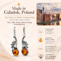 Thea Baltic Honey Amber Earrings in Sterling Silver infographic highlighting authentic honey Baltic amber, 925 sterling silver, handcrafted craftsmanship, earring dimensions, and Made in Gdańsk, Poland heritage.