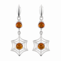 Baltic Honey Amber Spiderweb Earrings in Sterling Silver featuring genuine honey Baltic amber gemstones in a spiderweb-inspired design, set in polished 925 sterling silver, isolated on a white background.