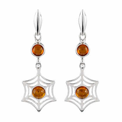 Baltic Honey Amber Spiderweb Earrings in Sterling Silver featuring genuine honey Baltic amber gemstones in a spiderweb-inspired design, set in polished 925 sterling silver, isolated on a white background.