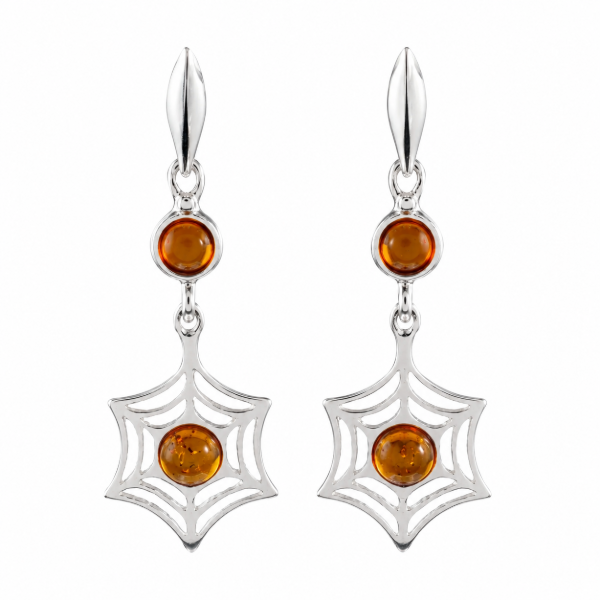 Baltic Honey Amber Spiderweb Earrings in Sterling Silver featuring genuine honey Baltic amber gemstones in a spiderweb-inspired design, set in polished 925 sterling silver, isolated on a white background.