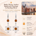 Baltic Honey Amber Spiderweb Earrings in Sterling Silver infographic highlighting authentic honey Baltic amber, 925 sterling silver, handcrafted craftsmanship, spiderweb earring dimensions, and Made in Gdańsk, Poland heritage.