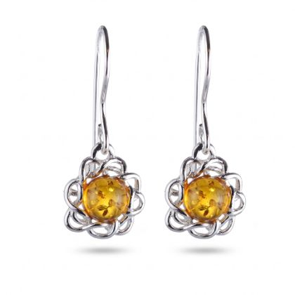 Baltic Honey Amber Drop Earrings in Sterling Silver featuring genuine honey Baltic amber gemstones set in polished 925 sterling silver, isolated on a white background.