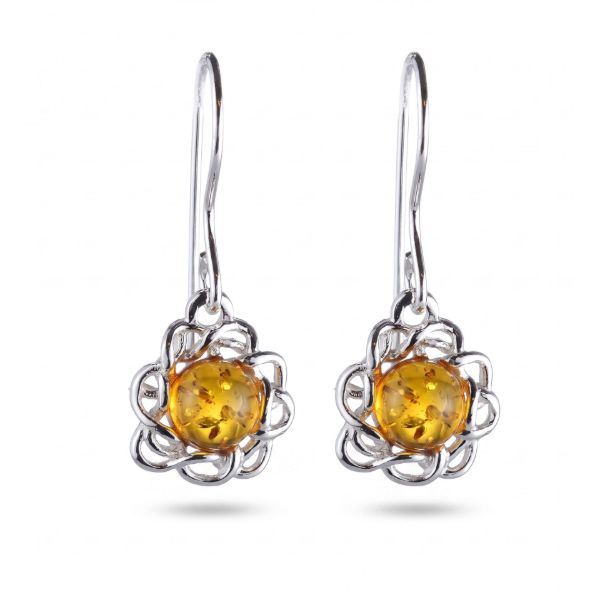 Baltic Honey Amber Drop Earrings in Sterling Silver featuring genuine honey Baltic amber gemstones set in polished 925 sterling silver, isolated on a white background.