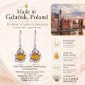 Baltic Honey Amber Drop Earrings in Sterling Silver infographic highlighting authentic honey Baltic amber, 925 sterling silver, handcrafted craftsmanship, drop earring dimensions, and Made in Gdańsk, Poland heritage.