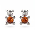 Teddy Bear Baltic Honey Amber Earrings in Sterling Silver featuring genuine honey Baltic amber gemstones in a teddy bear design, set in polished 925 sterling silver, isolated on a white background.
