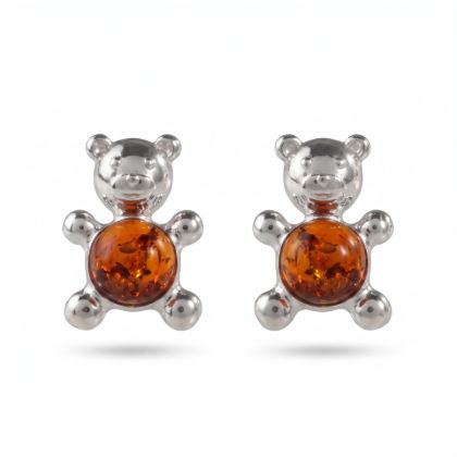 Teddy Bear Baltic Honey Amber Earrings in Sterling Silver featuring genuine honey Baltic amber gemstones in a teddy bear design, set in polished 925 sterling silver, isolated on a white background.