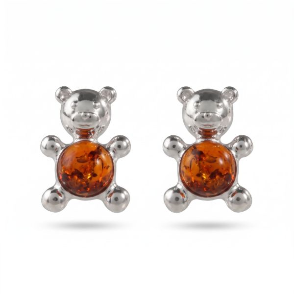Teddy Bear Baltic Honey Amber Earrings in Sterling Silver featuring genuine honey Baltic amber gemstones in a teddy bear design, set in polished 925 sterling silver, isolated on a white background.