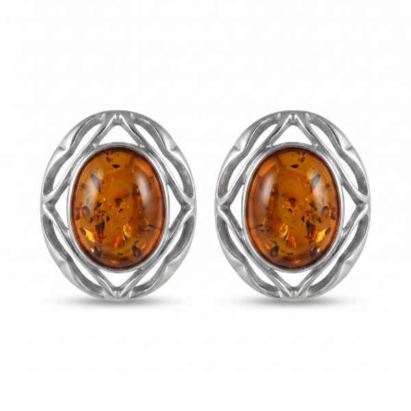 Leah Baltic Honey Amber Earrings in Sterling Silver featuring genuine honey Baltic amber gemstones set in polished 925 sterling silver, isolated on a white background.