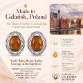 Leah Baltic Honey Amber Earrings in Sterling Silver infographic highlighting authentic honey Baltic amber, 925 sterling silver, handcrafted craftsmanship, earring dimensions, and Made in Gdańsk, Poland heritage.
