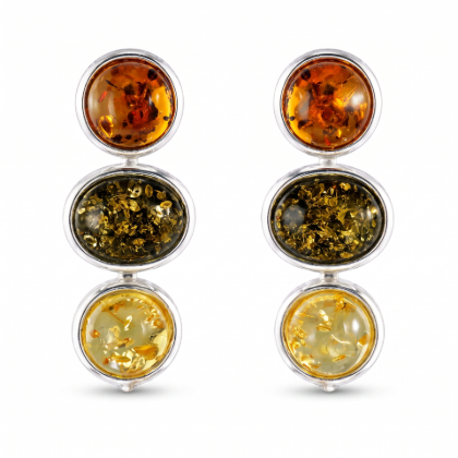 Anna Multicolor Baltic Amber Earrings in Sterling Silver featuring genuine multicolor Baltic amber gemstones in honey, cognac, lemon, and green tones, set in polished 925 sterling silver, isolated on a white background.