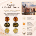 Anna Multicolor Baltic Amber Earrings in Sterling Silver infographic highlighting authentic multicolor Baltic amber, 925 sterling silver, handcrafted craftsmanship, earring dimensions, and Made in Gdańsk, Poland heritage.