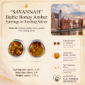 Savannah Baltic Honey Amber Earrings in Sterling Silver infographic highlighting authentic honey Baltic amber, 925 sterling silver, handcrafted craftsmanship, earring dimensions, and Made in Gdańsk, Poland heritage.
