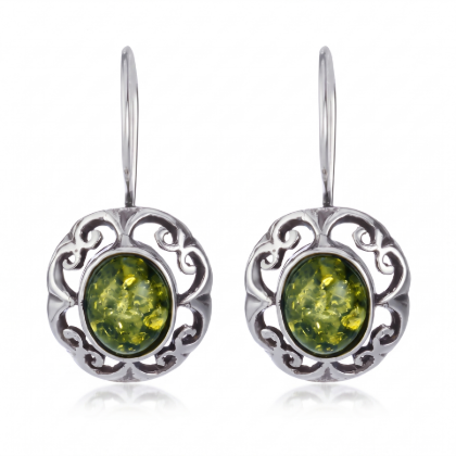 Camila Baltic Green Amber Drop Earrings in Sterling Silver featuring genuine green Baltic amber gemstones set in polished 925 sterling silver, isolated on a white background.