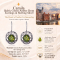 Camila Baltic Green Amber Drop Earrings in Sterling Silver infographic highlighting authentic green Baltic amber, 925 sterling silver, handcrafted craftsmanship, drop earring dimensions, and Made in Gdańsk, Poland heritage.