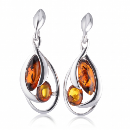 Ava Baltic Honey Amber Earrings in Sterling Silver featuring genuine honey Baltic amber gemstones set in polished 925 sterling silver, isolated on a white background.