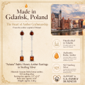 Ariana Baltic Honey Amber Earrings in Sterling Silver infographic highlighting authentic honey Baltic amber, 925 sterling silver, handcrafted craftsmanship, earring dimensions, and Made in Gdańsk, Poland heritage.