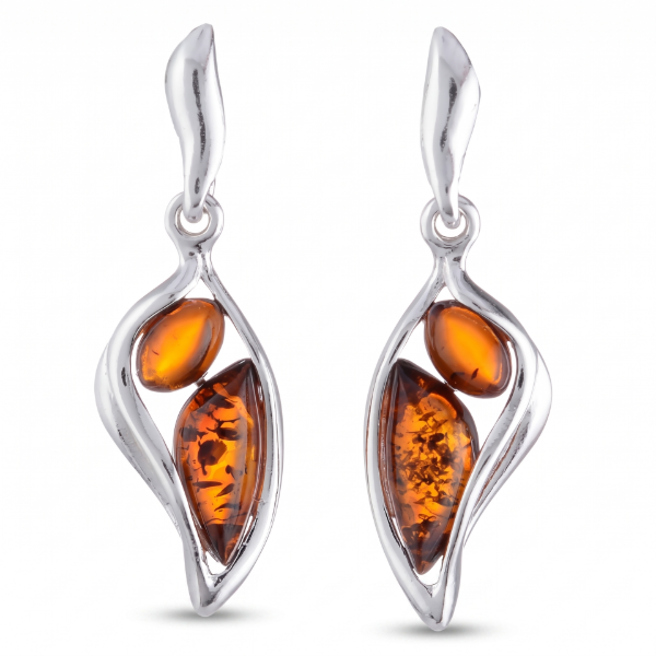 Stella Baltic Honey Amber Earrings in Sterling Silver featuring genuine honey Baltic amber gemstones set in polished 925 sterling silver, isolated on a white background.