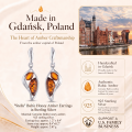 Stella Baltic Honey Amber Earrings in Sterling Silver infographic highlighting authentic honey Baltic amber, 925 sterling silver, handcrafted craftsmanship, earring dimensions, and Made in Gdańsk, Poland heritage.
