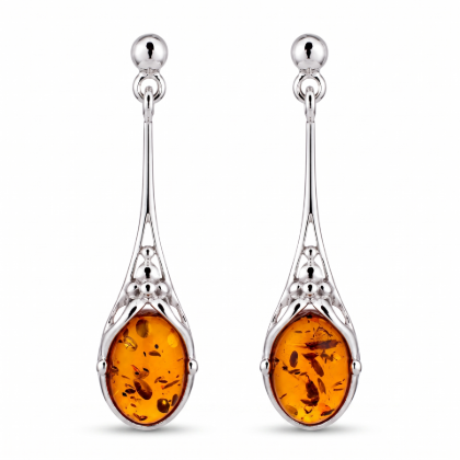 Maggie Baltic Honey Amber Earrings in Sterling Silver featuring genuine honey Baltic amber gemstones set in polished 925 sterling silver, isolated on a white background.