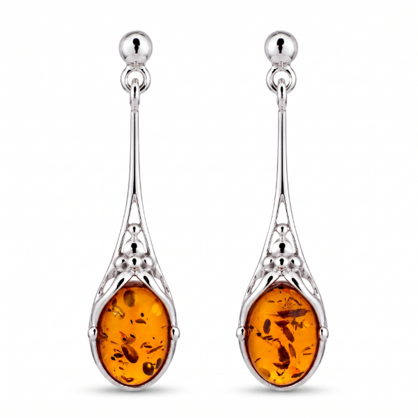Maggie Baltic Honey Amber Earrings in Sterling Silver featuring genuine honey Baltic amber gemstones set in polished 925 sterling silver, isolated on a white background.