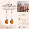 Maggie Baltic Honey Amber Earrings in Sterling Silver infographic highlighting authentic honey Baltic amber, 925 sterling silver, handcrafted craftsmanship, earring dimensions, and Made in Gdańsk, Poland heritage.