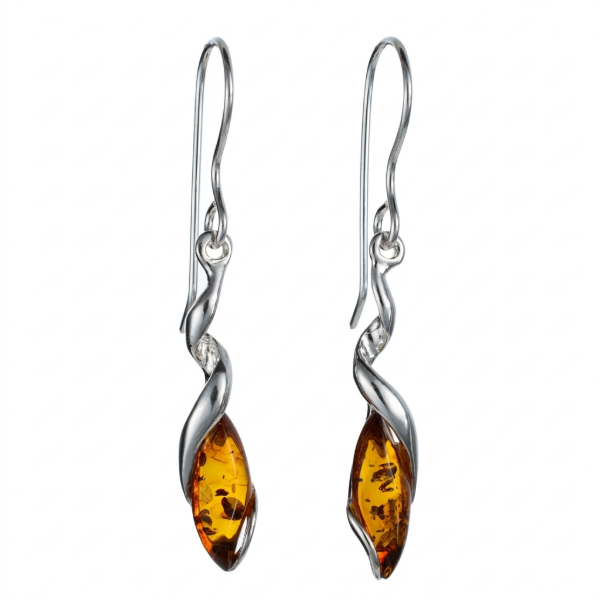 Genesis Baltic Honey Amber Earrings in Sterling Silver featuring genuine honey Baltic amber gemstones set in polished 925 sterling silver, isolated on a white background.