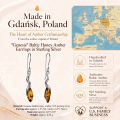Genesis Baltic Honey Amber Earrings in Sterling Silver infographic highlighting authentic honey Baltic amber, 925 sterling silver, handcrafted craftsmanship, earring dimensions, and Made in Gdańsk, Poland heritage.
