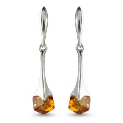 Kylie Baltic Honey Amber Earrings in Sterling Silver featuring genuine honey Baltic amber gemstones set in polished 925 sterling silver, isolated on a white background.