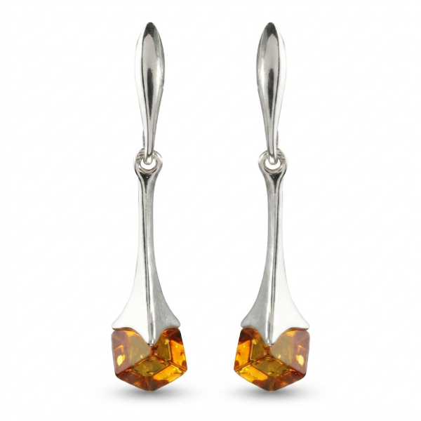 Kylie Baltic Honey Amber Earrings in Sterling Silver featuring genuine honey Baltic amber gemstones set in polished 925 sterling silver, isolated on a white background.
