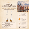 Kylie Baltic Honey Amber Earrings in Sterling Silver infographic highlighting authentic honey Baltic amber, 925 sterling silver, handcrafted craftsmanship, earring dimensions, and Made in Gdańsk, Poland heritage.