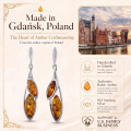Aurora Baltic Honey Amber Earrings in Sterling Silver infographic highlighting authentic honey Baltic amber, 925 sterling silver, handcrafted craftsmanship, earring dimensions, and Made in Gdańsk, Poland heritage.
