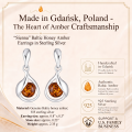 Sienna Baltic Honey Amber Earrings in Sterling Silver infographic highlighting authentic honey Baltic amber, 925 sterling silver, handcrafted craftsmanship, earring dimensions, and Made in Gdańsk, Poland heritage.