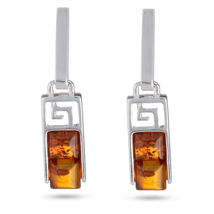 Aretha Baltic Honey Amber Earrings in Sterling Silver featuring genuine honey Baltic amber gemstones set in polished 925 sterling silver, isolated on a white background.