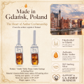 Aretha Baltic Honey Amber Earrings in Sterling Silver infographic highlighting authentic honey Baltic amber, 925 sterling silver, handcrafted craftsmanship, earring dimensions, and Made in Gdańsk, Poland heritage.