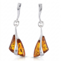 Triangle Baltic Honey Amber Earrings in Sterling Silver featuring genuine honey Baltic amber gemstones in a geometric triangle design, set in polished 925 sterling silver, isolated on a white background.
