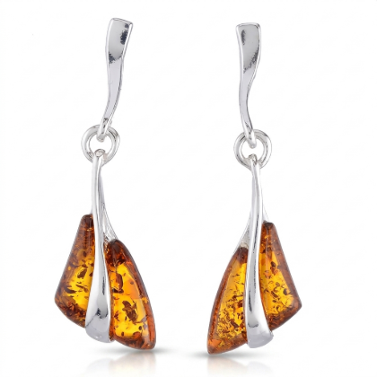 Triangle Baltic Honey Amber Earrings in Sterling Silver featuring genuine honey Baltic amber gemstones in a geometric triangle design, set in polished 925 sterling silver, isolated on a white background.