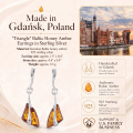 Triangle Baltic Honey Amber Earrings in Sterling Silver infographic highlighting authentic honey Baltic amber, 925 sterling silver, handcrafted craftsmanship, earring dimensions, and Made in Gdańsk, Poland heritage.