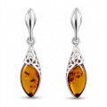 Summer Baltic Honey Amber Earrings in Sterling Silver featuring genuine honey Baltic amber gemstones set in polished 925 sterling silver, isolated on a white background.