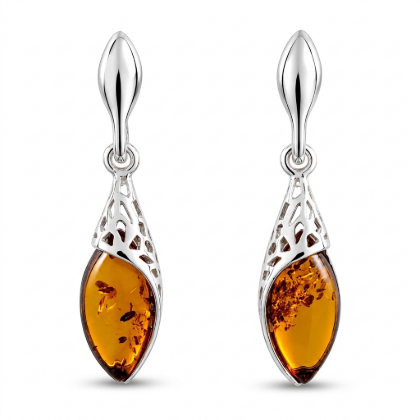 Summer Baltic Honey Amber Earrings in Sterling Silver featuring genuine honey Baltic amber gemstones set in polished 925 sterling silver, isolated on a white background.