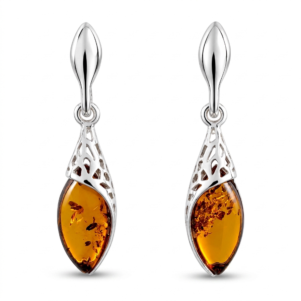 Summer Baltic Honey Amber Earrings in Sterling Silver featuring genuine honey Baltic amber gemstones set in polished 925 sterling silver, isolated on a white background.